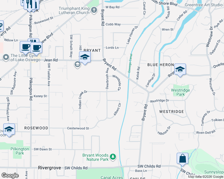 map of restaurants, bars, coffee shops, grocery stores, and more near 4363 Woodside Circle in Lake Oswego