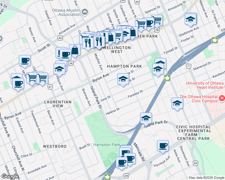 map of restaurants, bars, coffee shops, grocery stores, and more near in Ottawa