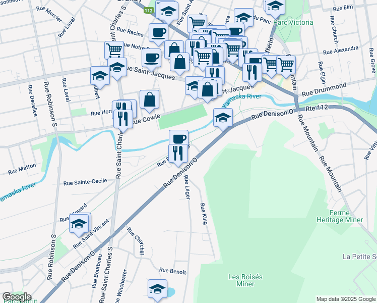 map of restaurants, bars, coffee shops, grocery stores, and more near 360 Rue Dorchester in Granby