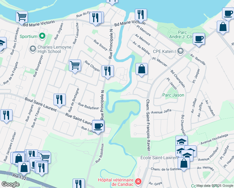 map of restaurants, bars, coffee shops, grocery stores, and more near Rue du Maroc in Candiac