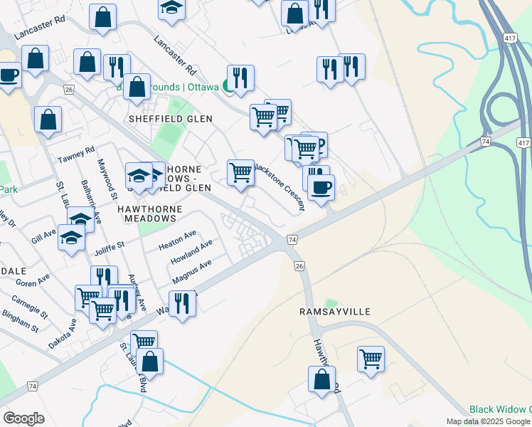 map of restaurants, bars, coffee shops, grocery stores, and more near in Ottawa