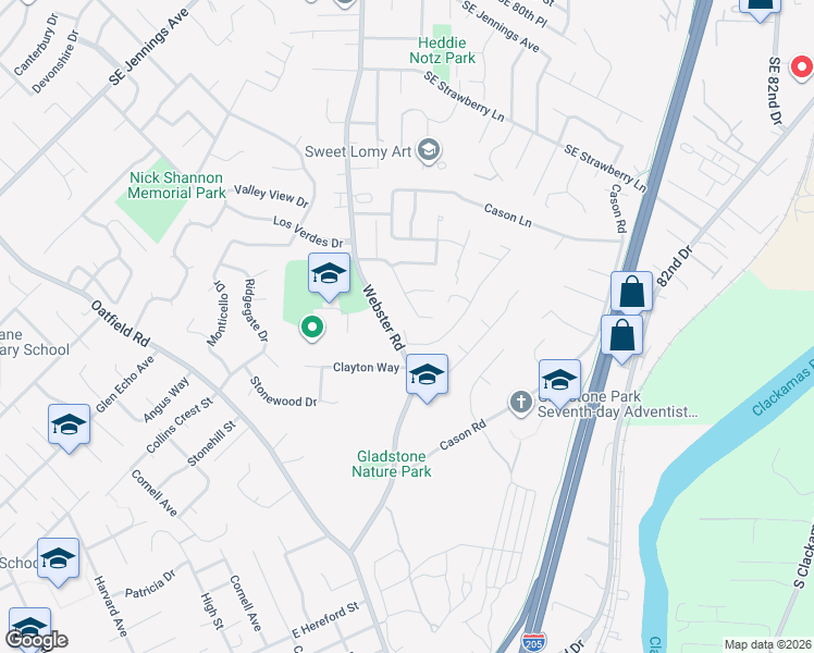 map of restaurants, bars, coffee shops, grocery stores, and more near 17565 Springhill Place in Gladstone