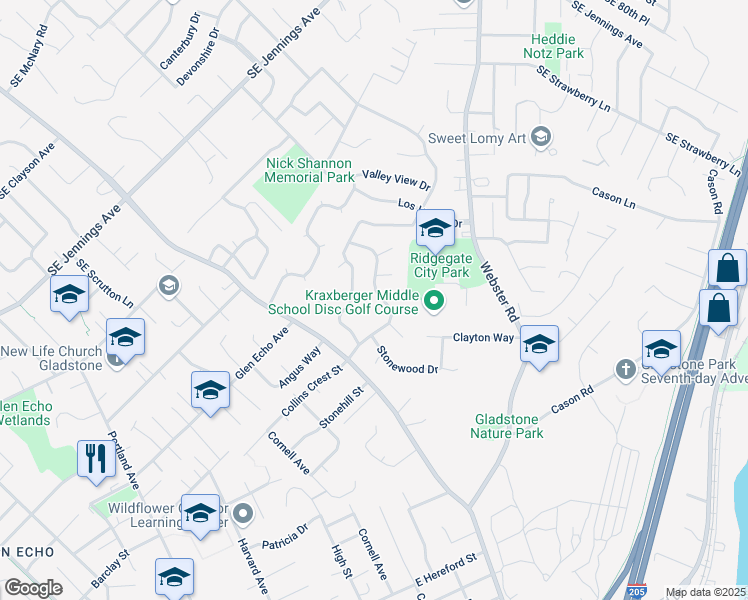 map of restaurants, bars, coffee shops, grocery stores, and more near 17910 Monticello Drive in Gladstone