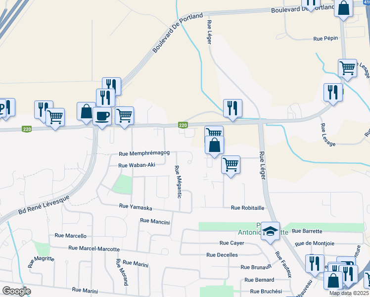 map of restaurants, bars, coffee shops, grocery stores, and more near 4547 Rue Memphrémagog in Sherbrooke