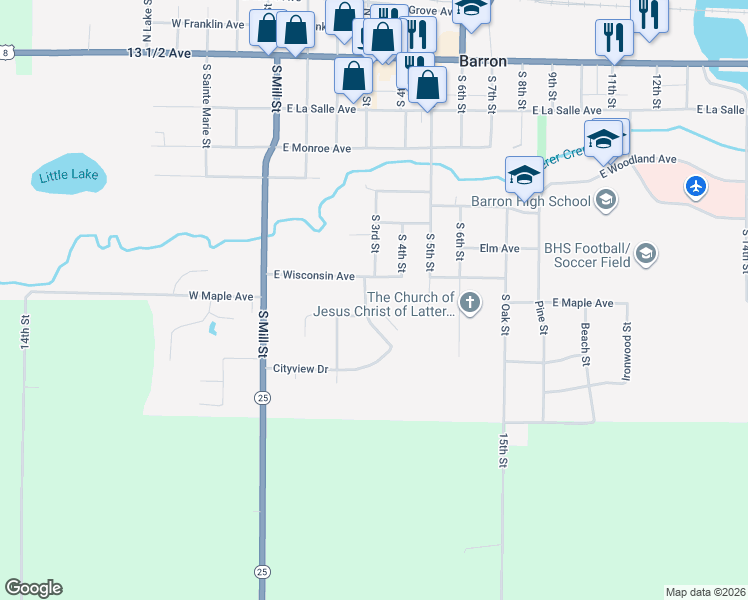 map of restaurants, bars, coffee shops, grocery stores, and more near 302 East Wisconsin Avenue in Barron