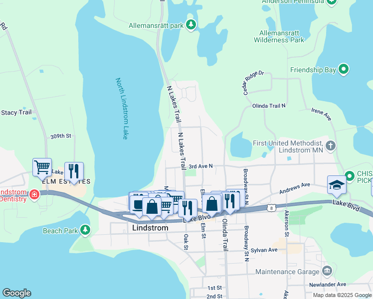 map of restaurants, bars, coffee shops, grocery stores, and more near 30835 North Lakes Trail in Lindstrom