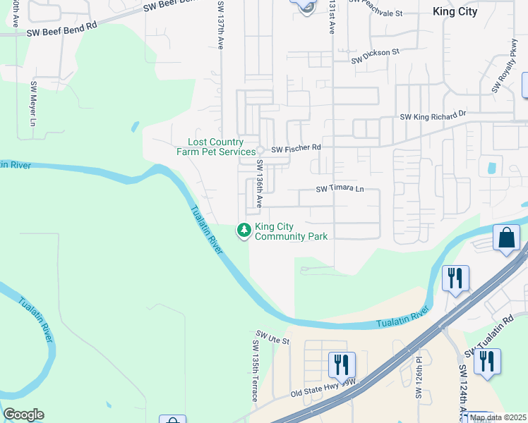 map of restaurants, bars, coffee shops, grocery stores, and more near 17636 Southwest 136th Avenue in King City