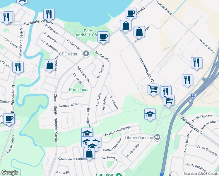 map of restaurants, bars, coffee shops, grocery stores, and more near 41 Avenue Joubert in Candiac