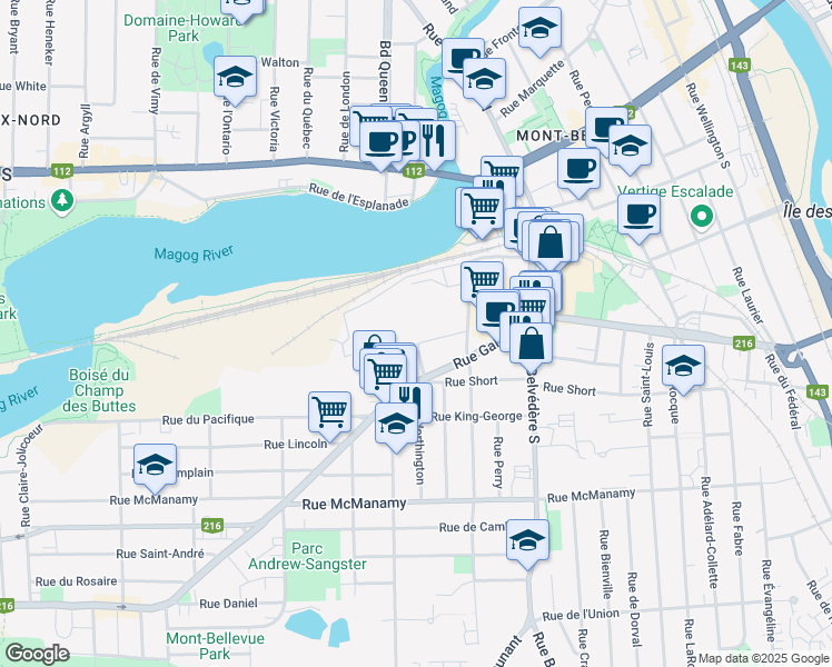 map of restaurants, bars, coffee shops, grocery stores, and more near 411 Rue de Courcelette in Sherbrooke