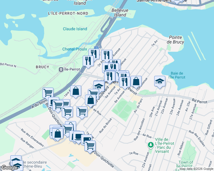 map of restaurants, bars, coffee shops, grocery stores, and more near 218 Grand Boulevard in L'Île-Perrot