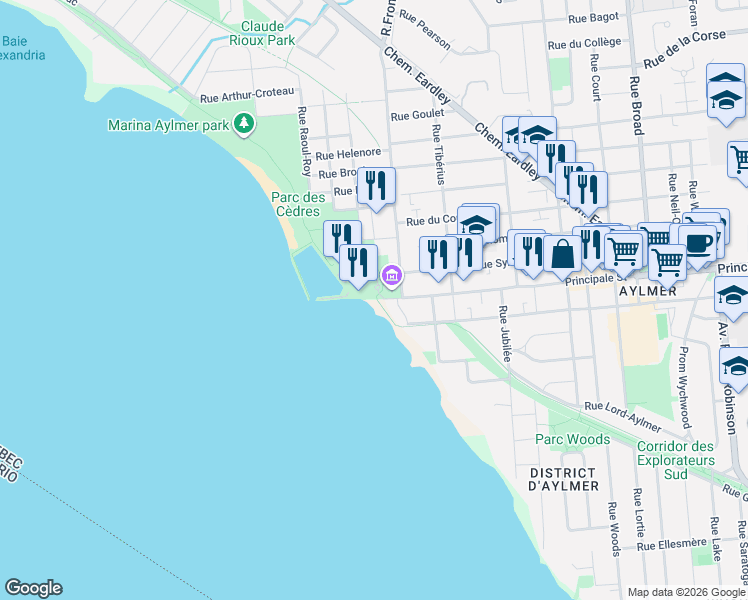 map of restaurants, bars, coffee shops, grocery stores, and more near 1 Rue Principale in Gatineau