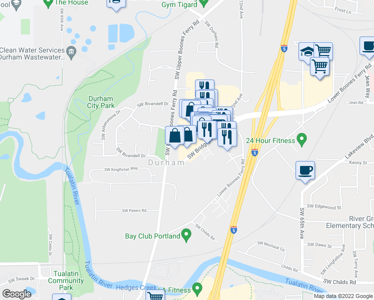 map of restaurants, bars, coffee shops, grocery stores, and more near 7455 Southwest Bridgeport Road in Tigard