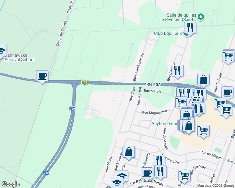 map of restaurants, bars, coffee shops, grocery stores, and more near 6757 Québec 132 in Sainte-Catherine