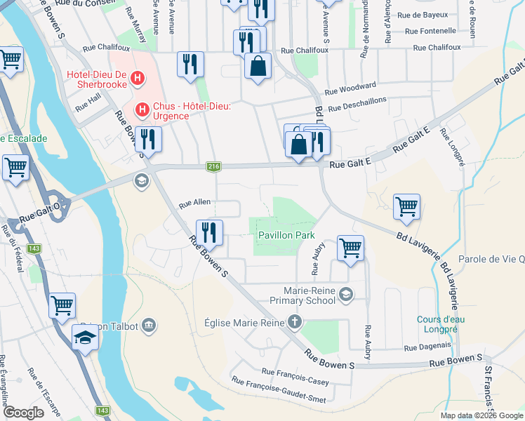 map of restaurants, bars, coffee shops, grocery stores, and more near 700 Place Des Ormeaux in Sherbrooke