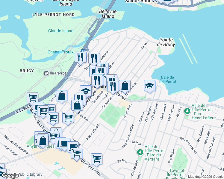 map of restaurants, bars, coffee shops, grocery stores, and more near 192 7e Avenue in L'Île-Perrot