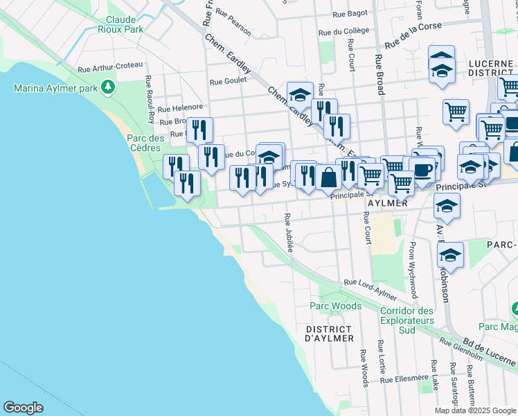 map of restaurants, bars, coffee shops, grocery stores, and more near 30 Rue Principale in Gatineau