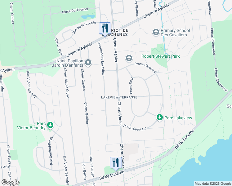 map of restaurants, bars, coffee shops, grocery stores, and more near 182 Chemin Vanier in Gatineau