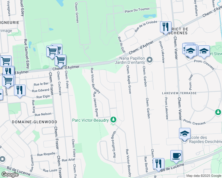 map of restaurants, bars, coffee shops, grocery stores, and more near 14 Rue Lionel Renaud in Gatineau