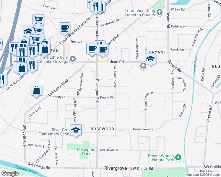 map of restaurants, bars, coffee shops, grocery stores, and more near 5368 Southwest Tree Street in Lake Oswego