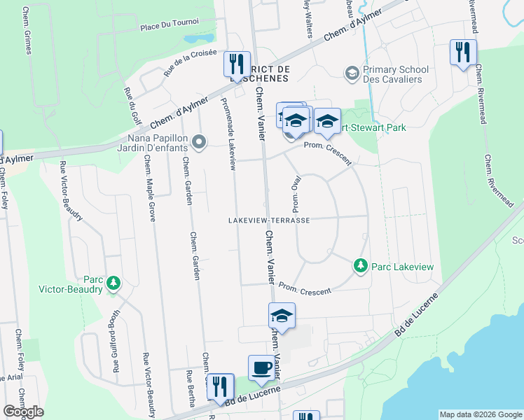 map of restaurants, bars, coffee shops, grocery stores, and more near 182 Chemin Vanier in Gatineau