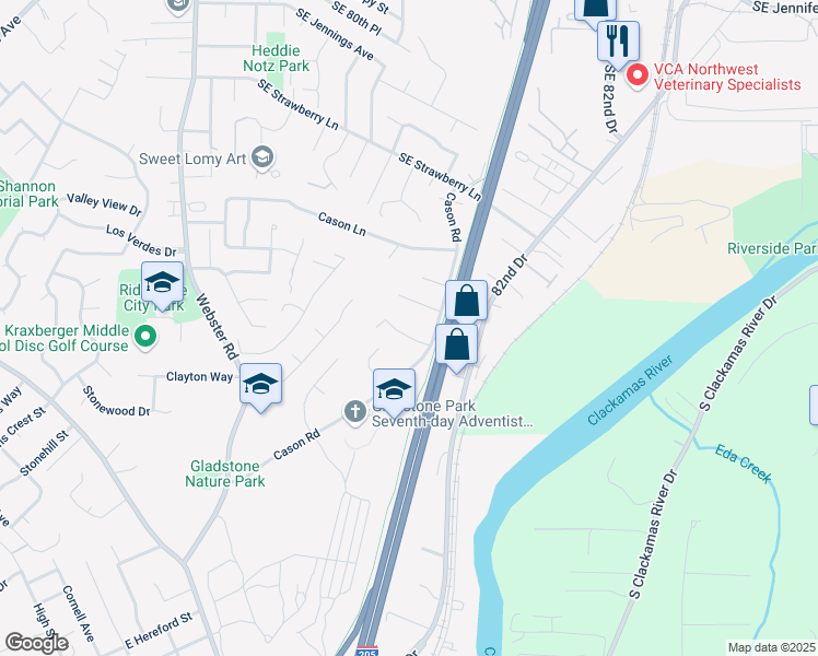 map of restaurants, bars, coffee shops, grocery stores, and more near 8409 Southeast Christen Court in Gladstone