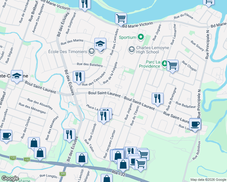 map of restaurants, bars, coffee shops, grocery stores, and more near 930 Promenade du Collège in Sainte-Catherine