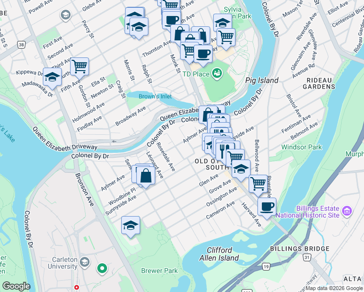 map of restaurants, bars, coffee shops, grocery stores, and more near in Ottawa