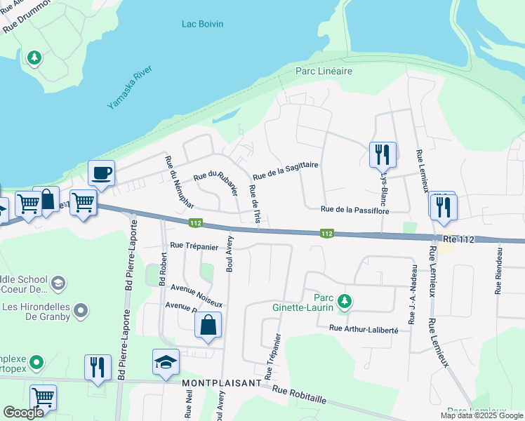 map of restaurants, bars, coffee shops, grocery stores, and more near 595 Rue de l'Iris in Granby