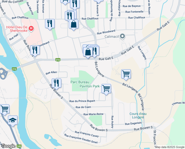map of restaurants, bars, coffee shops, grocery stores, and more near 915 Rue Walsh in Sherbrooke