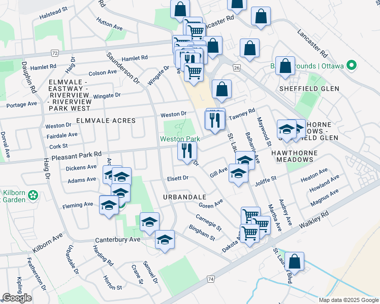 map of restaurants, bars, coffee shops, grocery stores, and more near 2051 Valley Drive in Ottawa