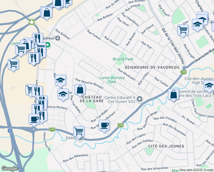map of restaurants, bars, coffee shops, grocery stores, and more near 285 Rue Lorne-Worsley in Vaudreuil-Dorion
