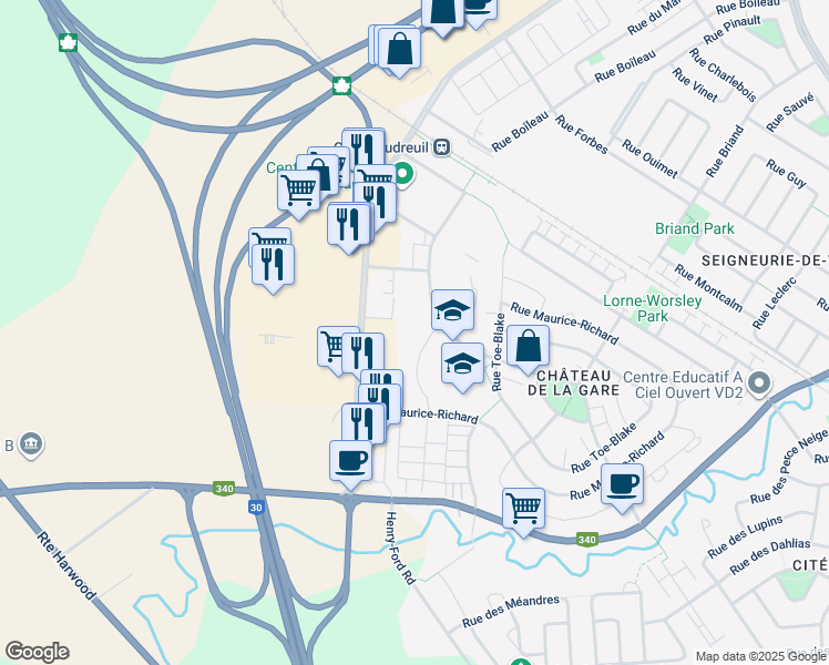 map of restaurants, bars, coffee shops, grocery stores, and more near 1335 Rue Émile-Bouchard in Vaudreuil-Dorion