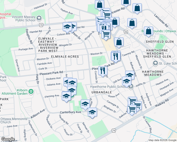 map of restaurants, bars, coffee shops, grocery stores, and more near 2080 Saunderson Drive in Ottawa