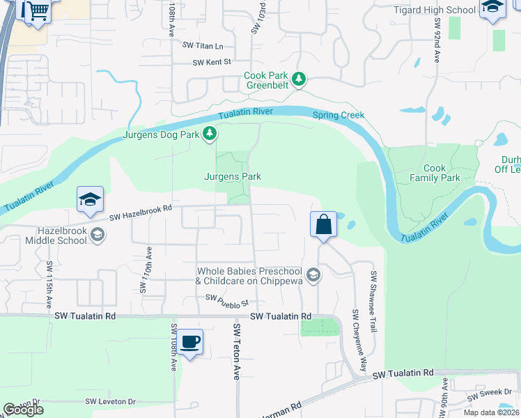 map of restaurants, bars, coffee shops, grocery stores, and more near 10265 Southwest Sedlak Court in Tualatin