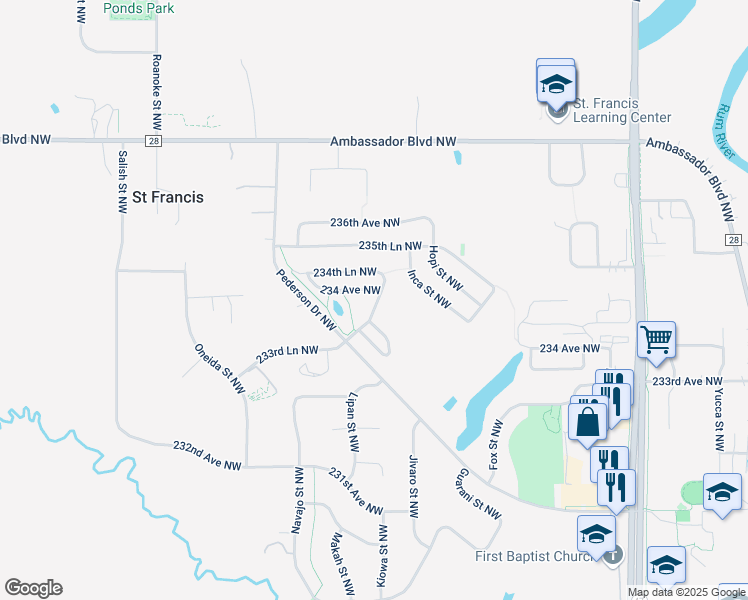 map of restaurants, bars, coffee shops, grocery stores, and more near 4128 234th Avenue Northwest in Saint Francis