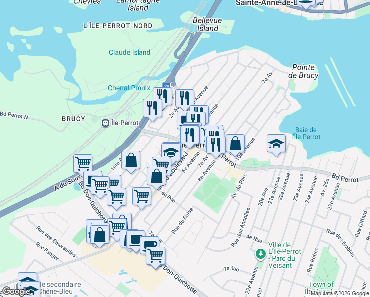 map of restaurants, bars, coffee shops, grocery stores, and more near 218 Grand Boulevard in L'Île-Perrot