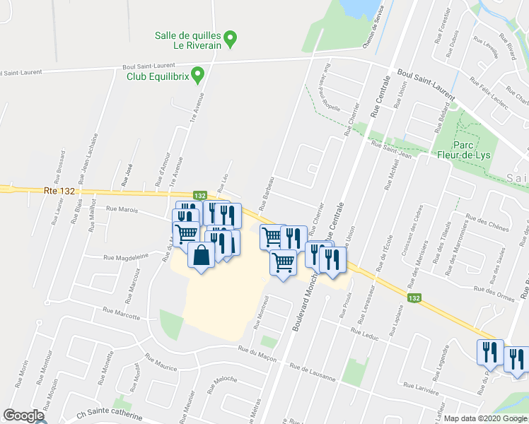map of restaurants, bars, coffee shops, grocery stores, and more near 5900 Québec 132 in Sainte-Catherine