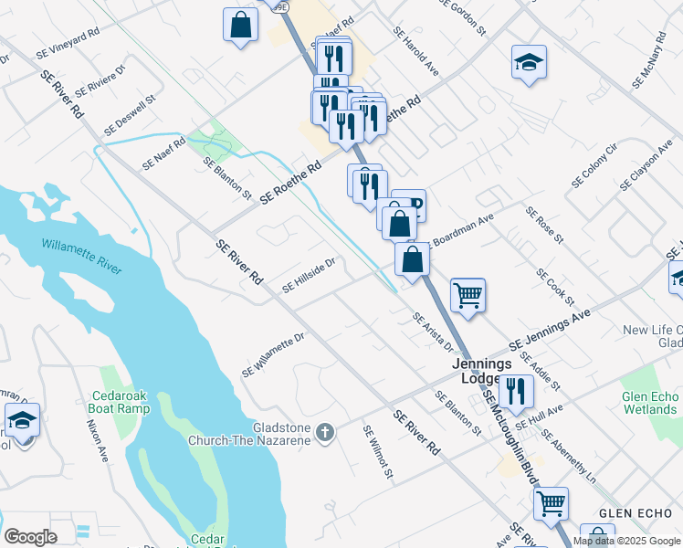map of restaurants, bars, coffee shops, grocery stores, and more near 17775 Southeast Paradise Drive in Milwaukie