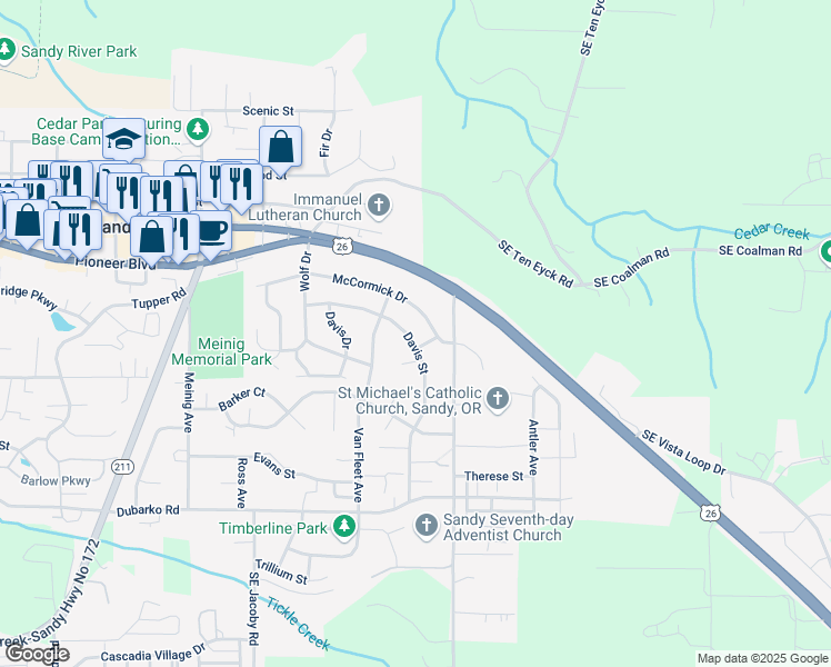 map of restaurants, bars, coffee shops, grocery stores, and more near 40025 Davis Street in Sandy