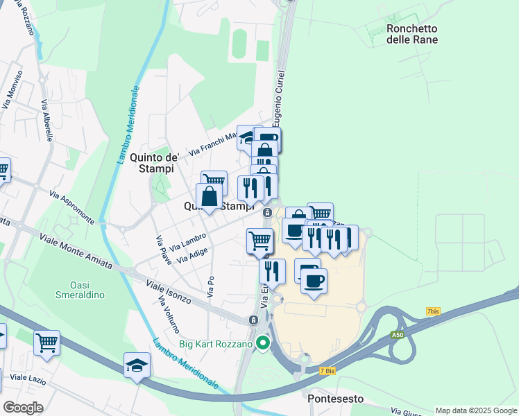 map of restaurants, bars, coffee shops, grocery stores, and more near 100 Via Eugenio Curiel in Rozzano