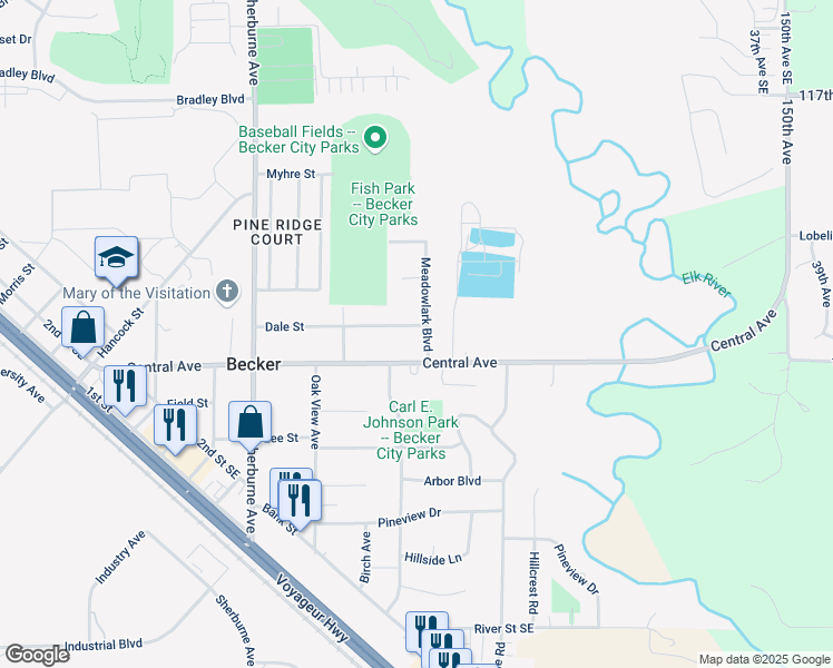 map of restaurants, bars, coffee shops, grocery stores, and more near 12105 Meadowlark Boulevard in Becker