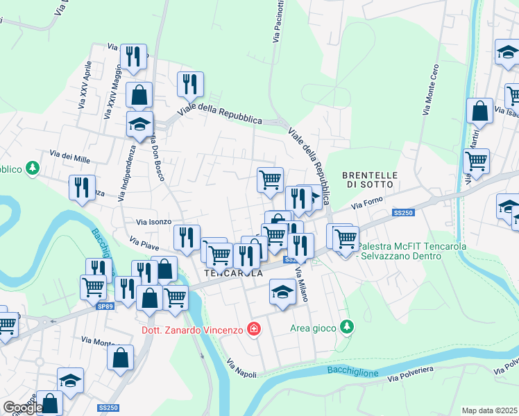 map of restaurants, bars, coffee shops, grocery stores, and more near 18 Via Redipuglia in Selvazzano Dentro