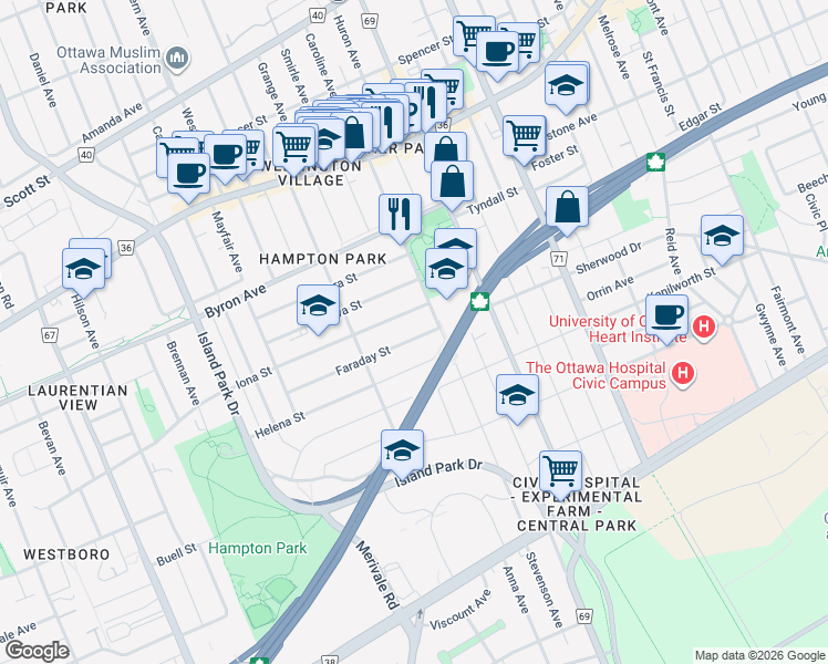 map of restaurants, bars, coffee shops, grocery stores, and more near 111 Faraday Street in Ottawa