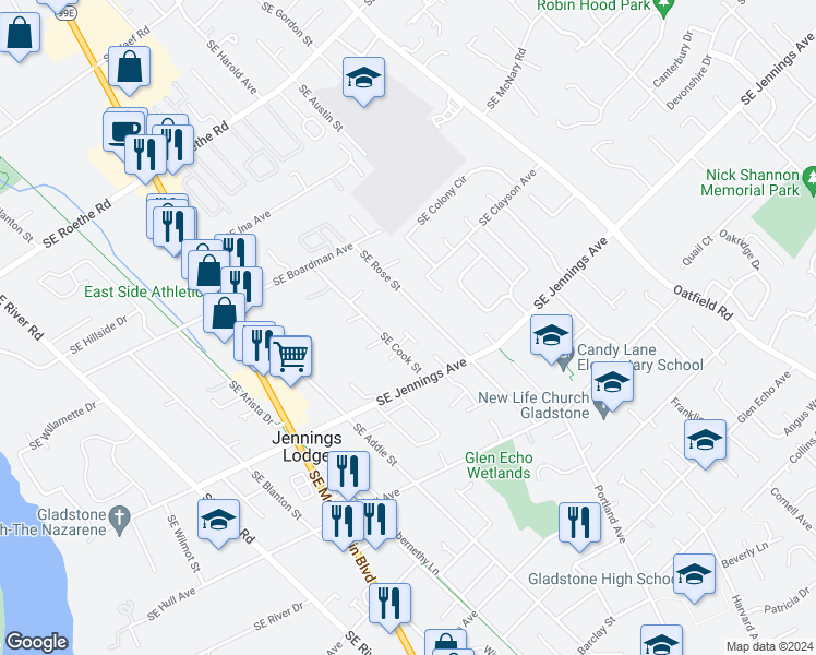 map of restaurants, bars, coffee shops, grocery stores, and more near 5345 Southeast Kennedy Court in Milwaukie
