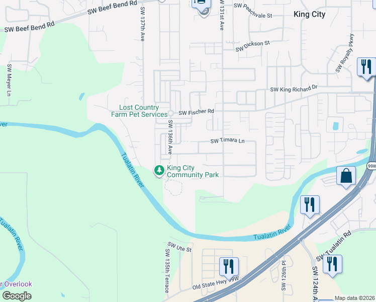 map of restaurants, bars, coffee shops, grocery stores, and more near 13479 Southwest Shakespeare Street in King City