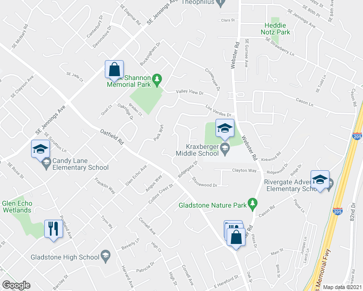 map of restaurants, bars, coffee shops, grocery stores, and more near 17910 Monticello Drive in Gladstone