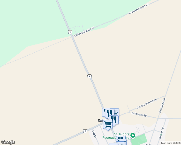 map of restaurants, bars, coffee shops, grocery stores, and more near 4349 County Road 9 in Saint Isidore
