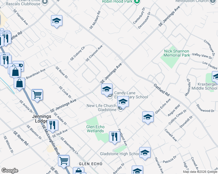 map of restaurants, bars, coffee shops, grocery stores, and more near 17820 Southeast Candy Lane in Milwaukie