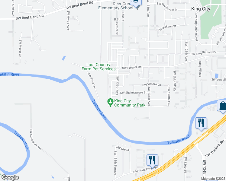 map of restaurants, bars, coffee shops, grocery stores, and more near 17328 Southwest Montague Way in King City