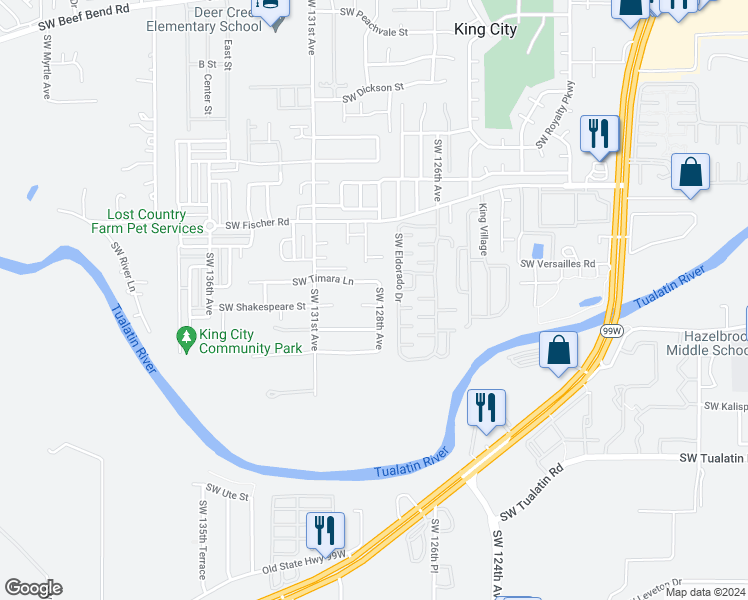 map of restaurants, bars, coffee shops, grocery stores, and more near 17329 Southwest 128th Avenue in Portland